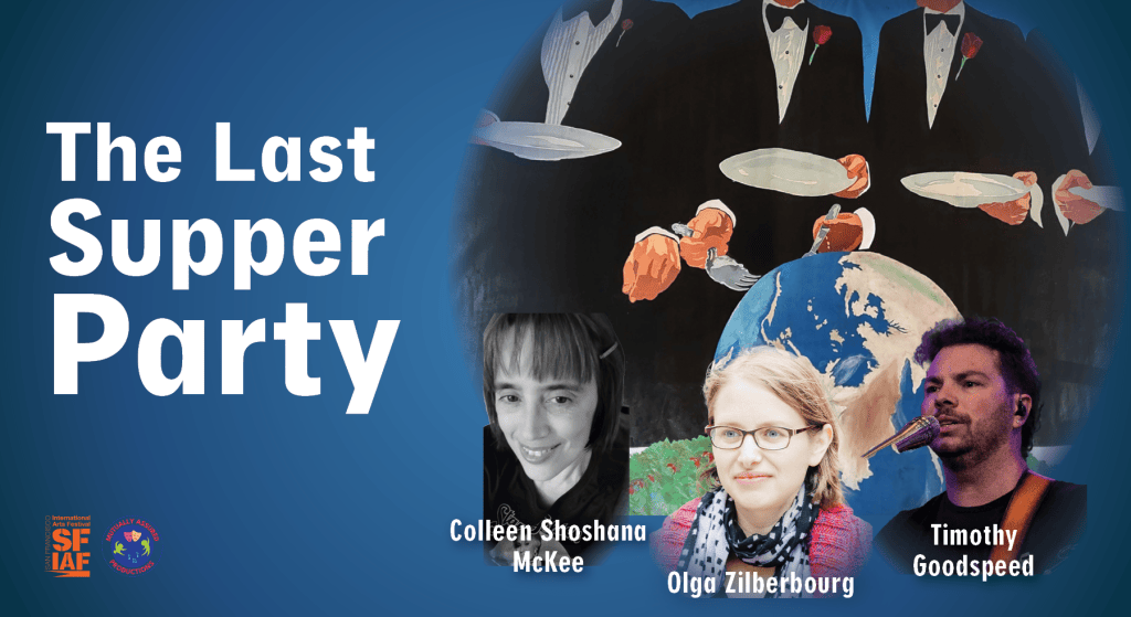 Blue poster with three author faces below and three men in tuxes above