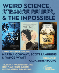 Blue poster announcing the event with three books and a moderator.